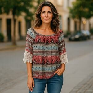 Win Win WinWin Half Sleeve Lace Tunic Paisley Stretch Off‎ Shoulder L / XL